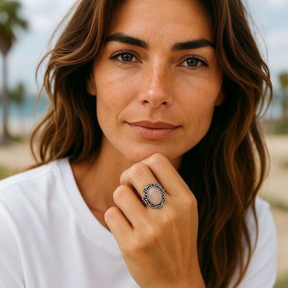 Natural Rose Quartz Gemstone Ring Oval Floral Framed Size 6 New - Picture 7 of 7